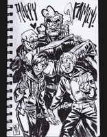 artist:SCUMSUCK bald big_boobs black_and_white bridal_carry character:brock_samson character:dean_venture character:hank_venture character:thaddeus_venture giraffe medium:trad_ink mullet muscles peace_sign series:venture_bros skinny smoking // 1000x1284 // 223KB