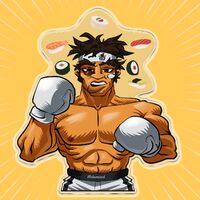 black_hair boxing_gloves bruised character:piston_hondo charm_design commission fat_lip headband medium:digital_ink_digital_color muscles series:punch-out!! sushi wounds // 1200x1200 // 280KB