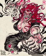 artist:SCUMSUCK big_boobs black_and_white character:baki_hanma character:yujiro_hanma genderbend mature_woman medium:trad_ink_digital_tones MILF muscles muscular_woman red red_hair series:baki veiny_eyes // 1000x1227 // 539KB