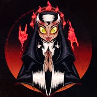 charm_design commission cross devil's_horns earrings eyeliner fire girl horns long_nails medium:digital_ink_digital_color nun praying_hands series:other's_ocs yellow_eyesfangs // 1000x1000 // 417KB