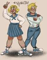 ankle_socks artist:SCUMSUCK ascot blonde_hair blouse converse genderbend jeans looking_at_viewer medium:digital_doodle peace_sign series:venture_bros skirt smile // 1280x1629 // 467KB