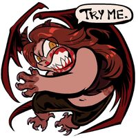 charm_design chubby claws commission dialogue dragon fangs horns medium:digital_ink_digital_color monster_girl orange_eyes red_hair series:other's_ocs tail wings // 1500x1500 // 1.1MB