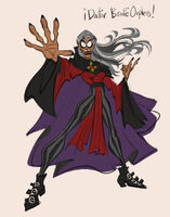 artist:SCUMSUCK boots cape character:byron_orpheus genderbend gray_hair looking_at_viewer mature_woman medium:digital_doodle MILF mudflap series:venture_bros skinny stripes winklepickers // 1130x1435 // 190KB