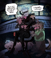 animal character:albert_wesker character:chris_redfield character:jill character:jill_valentine character:shane dachshund dialogue dog glasses medium:trad_ink_digital_color ship:chrisker ship:weskertine // 1111x1275 // 653KB