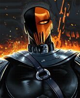 3d_mousepad armor bg big_boobs chains character:slade_wilson collar eye_covered fire leather_harness looking_at_viewer mask medium:digital_painting red_eyes series:teen_titans_(2003) yellow_sclera // 900x1088 // 471KB