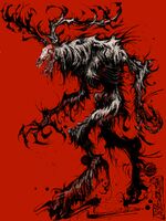 antlers bipedal black_and_white character_design claws commission fangs fur hooves medium:digital_ink monster skull tongue // 750x1000 // 166KB