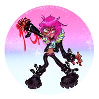 bellybutton_piercing belts blood boots charm_design commission crop_top ear_gauge earrings eyebrow_piercing eyeliner fangs leather_jacket leather_pants medium:digital_ink_digital_color multicolored_eyes pink_hair series:other's_ocs tongue tongue_piercing undercut // 1000x1000 // 262KB