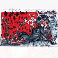 animal artist:SCUMSUCK bat bed black blush character:mavis_dracula fangs feet girl medium:trad_ink_wash pantyhose request series:hotel_translyvania smile stripes vampire // 1000x1000 // 448KB