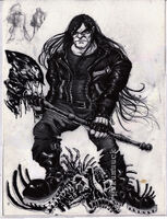 axe boots character:nathan_explosion dethklok leather_jacket long_haired_boy medium:trad_ink series:metalocalypse weapon // 1111x1454 // 453KB