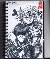 artist:SCUMSUCK bowl_cut braids drumsticks fingerless_gloves girl hair_covering_eyes hug leather_gloves leather_jacket long_haired_boy love_heart request series:other's_ocs smile // 1000x1162 // 337KB