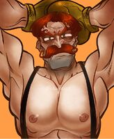 3d_mousepad armpits_(shaved) beauty_mark big_boobs big_eyebrows character:von_kaiser commission medium:digital_ink_digital_color moustache muscles nipples red_hair series:punch-out!! suspenders // 821x1000 // 413KB