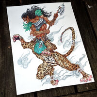 centaur commission curly_hair leopard medium:trad_painting medium:watercolor muscles muscular_woman polearm series:other's_ocs weapon // 2272x2272 // 1.4MB