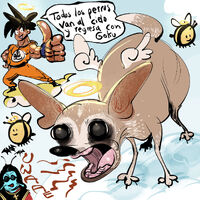 animal bats bees character:king_kai character:ozzy_osbourne character:smoker_chihuahua character:son_goku chihuahua clouds dialogue dog halo medium:digital_doodle series:dragon_ball series:pets series:real_people sky smoking spanish wings // 1280x1280 // 478KB