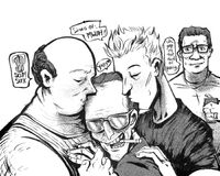 alcohol bald character:bill_dauterive character:boomhauer character:dale_gribble character:hank_hill kissing medium:trad_ink_digital_tones middle_aged series:king_of_the_hill ship:alley_guys // 1500x1200 // 324KB