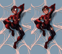 artist:SCUMSUCK character:peter_parker character:peter_parker_(raimiverse) commission dakimakura mask medium:trad_ink_digital_color ripped_clothes series:spider-man smile webs // 2000x1772 // 925KB