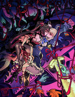ahoge artist:SCUMSUCK bg_detailed black_hair blonde_hair bondage boots character:saber character:sparkle commission detailed_clothes disembodied_limbs dress feet hands holding_leg horror kissing making_out medium:digital_ink_digital_color pantyhose pigtails pink purple romantic sandals series:crossover series:fate series:honkai_star_rail ship:crack skirt sword yuri // 1000x1294 // 794KB