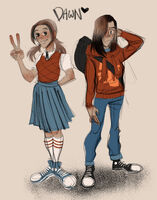 artist:SCUMSUCK character:dean_venture converse frown genderbend girl hoodie jeans knee_socks looking_at_viewer medium:digital_doodle peace_sign red_hair screentone series:venture_bros skinny skirt smile vest // 1280x1629 // 429KB