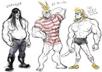 artist:SCUMSUCK belly black_hair blonde_hair body_comparison boots bulge character:nathan_explosion character:toshinori_yagi fat hairy long_haired_boy medium:digital_doodle mullet muscles nipples series:metalocalypse series:my_hero_academia series:venture_bros // 1111x782 // 224KB