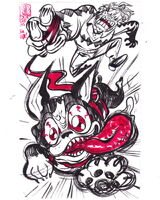 animal artist:SCUMSUCK black_and_white boston_terrier character:iggy_(jjba) character:joseph_joestar dog medium:trad_ink old_man red request series:JJBA veiny_eyes // 1000x1250 // 189KB