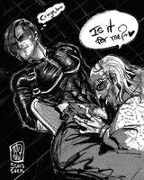 bondage character:leon_kennedy character:victor_gideon dialogue flaccid penis series:resident_evil tied_to_chair yaoi // 1000x1250 // 347KB