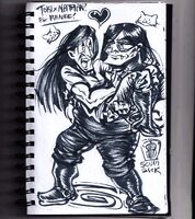 artist:SCUMSUCK boots bridal_carry character:nathan_explosion character:toki_wartooth chubby fangs long_haired_boy medium:trad_ink moustache muscles request series:metalocalypse ship:tokinate // 1000x1124 // 406KB