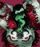 armpits_(hairy) bugs centipede commission drool ear_gauge eyes_hidden faceless fangs forked_tongue green long_haired_boy long_tongue medium:digital_ink_digital_color monster_boy nipples red series:other's_ocs shirtless skull snake spider tattoos tongue tongue_piercing // 1280x1497 // 498KB